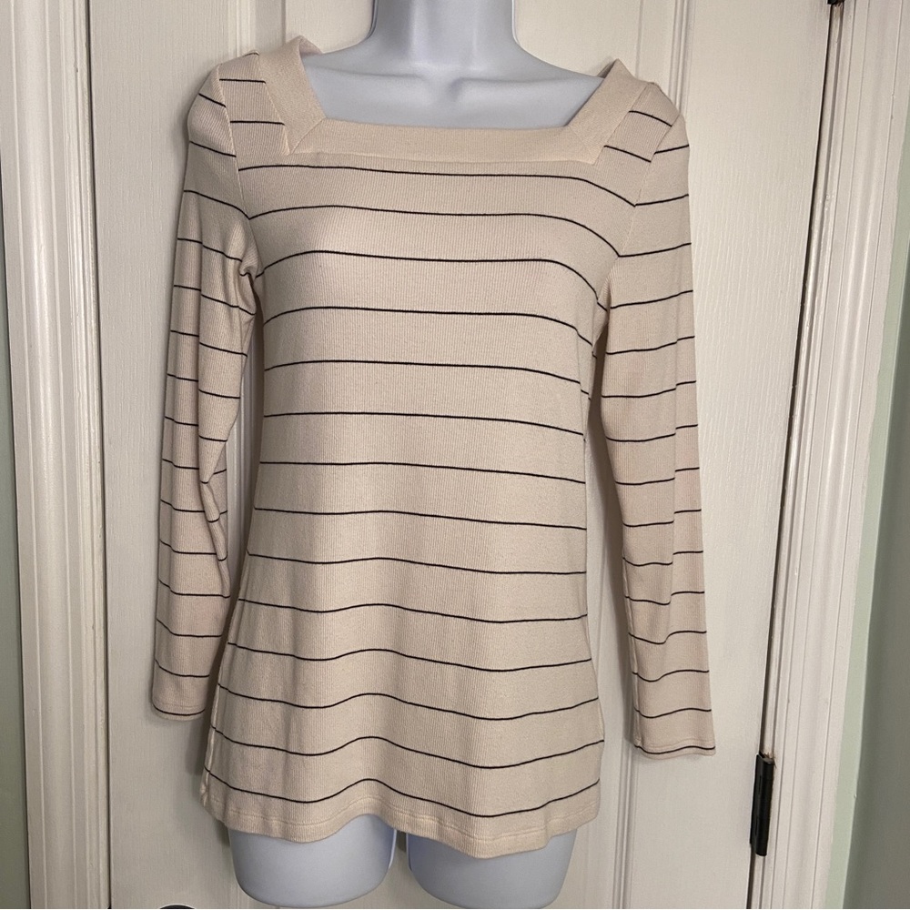 Old Navy new slim fit rectangle neck white long sleeve shirt wi/ black stripes.